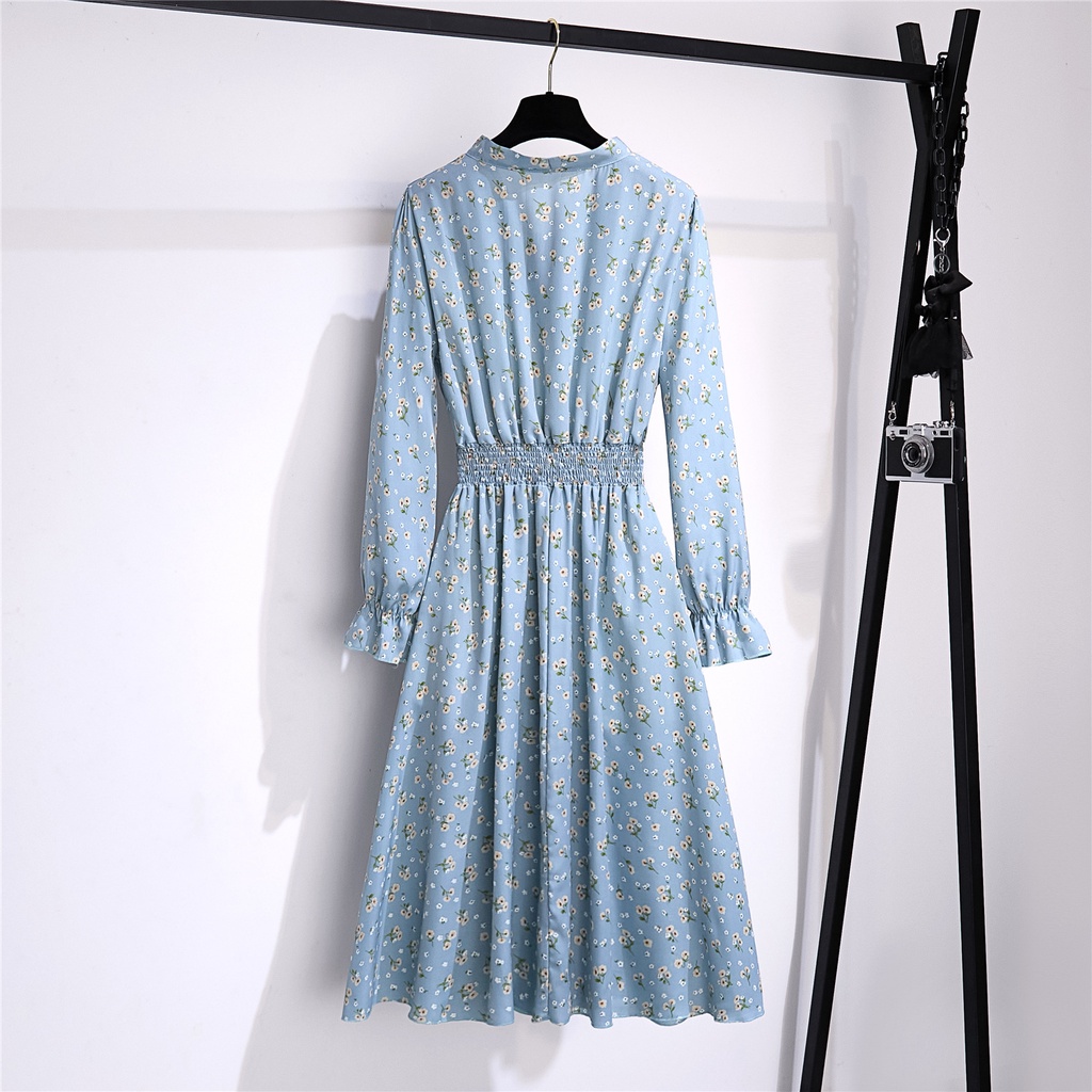 COD 2023 New Fashion A-Line Korean Style Long Sleeve Dress for Women Hijau Biru Putih Wanita Midi Dress Korea Lengan Panjang Muslimah Motif Bunga Panjang Gaun