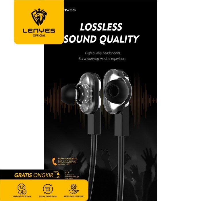 Lenyes LF47 Stereo Wired Earphones Jack 3.5 mm Volume Mic Original handsfree earphone ear in ear bud microphone kabel tanpa