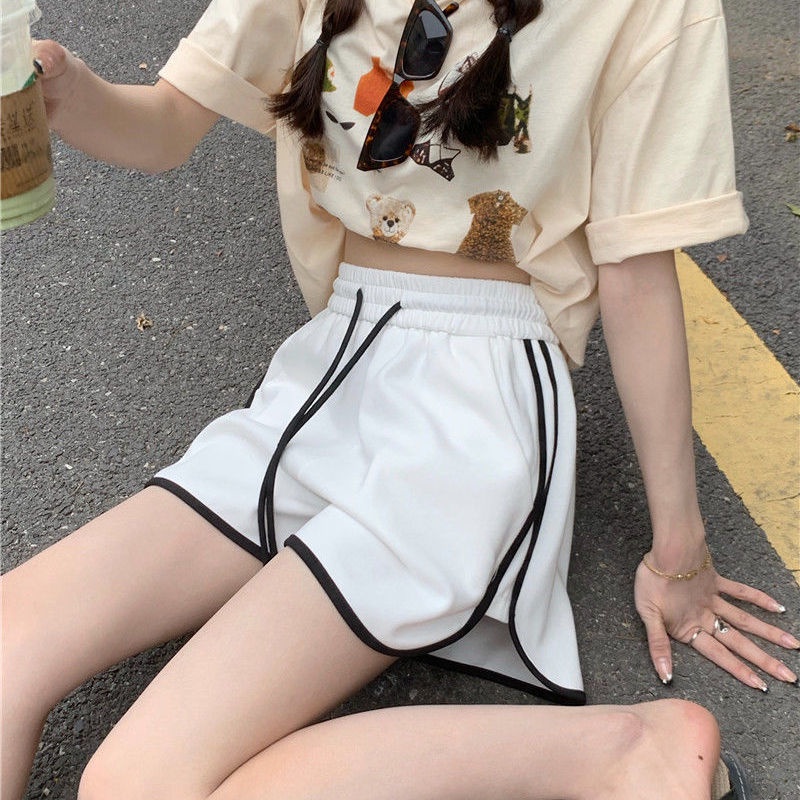 Red Abu-abu Celana Pendek Wanita Kasual Celana Hot Pants Musim Panas Elastis Pinggang Longgar Lebar Kaki Celana Olahraga Celana All-Match lima Celana Pasang