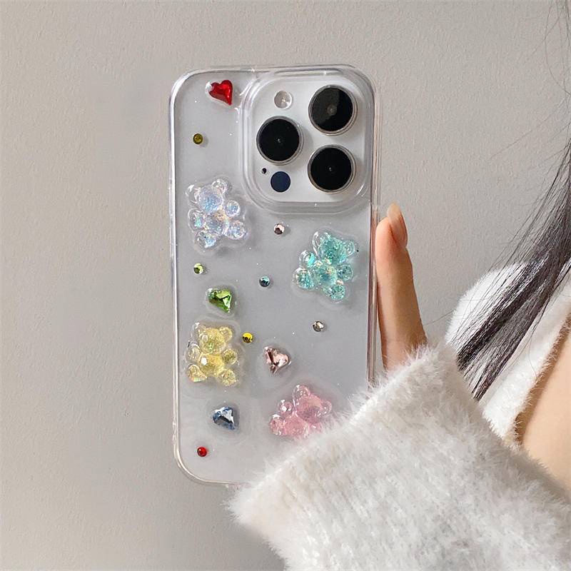 Casing Ponsel Beruang Warna Permen Glitter Lucu 3D Untuk Iphone14 13 12 11 Pro MAX Plus Mini Love Diamand Bening Soft Cover Untuk iPhone X XS MAX XR 7 8 Plus SE 2022 2020