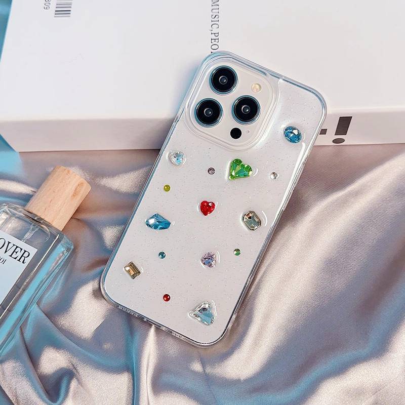 Lucu Drop Lem Warna-Warni 3D Cinta Hati Berlian Imitasi Glitter Transparan Case Untuk Iphone14 13 12 11 Pro MAX Plus Mini Penutup Belakang Funda Untuk iPhone X XS MAX XR 7 8 Plus SE 2022 2020