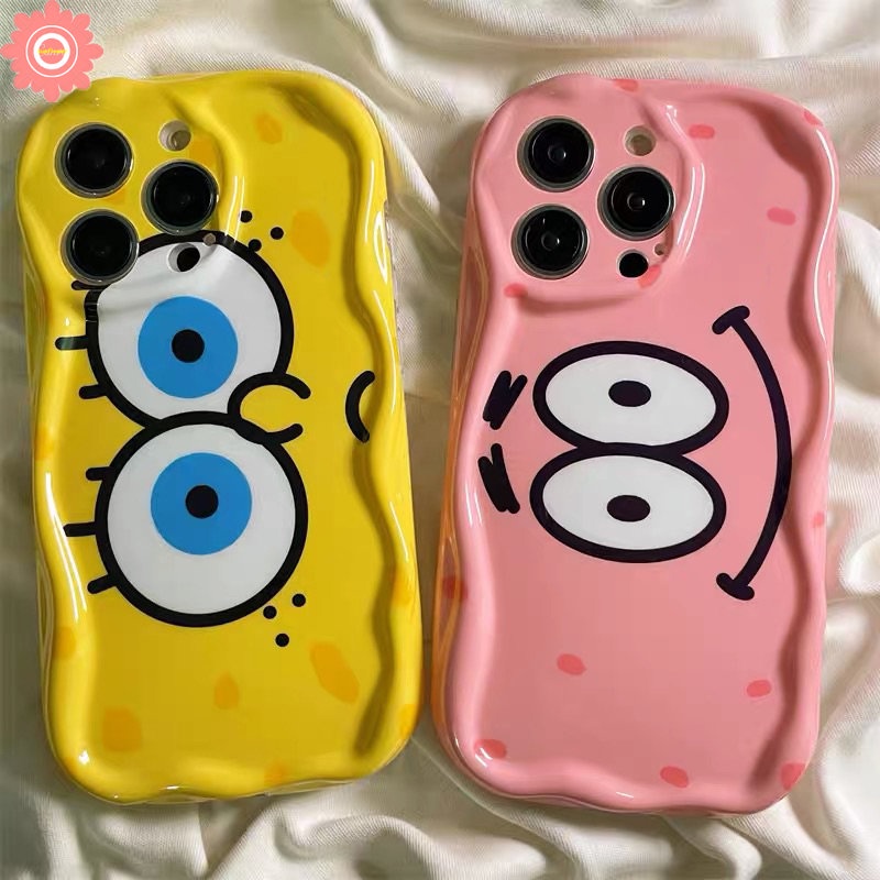 IPHONE Casing Kartun SpongeBob Kompatibel Untuk Iphone14 11 13 12 Pro Max XR 7Plus 6s 6 7 8 Plus X XS Max SE 2020 Cute Patrick Star 3D Wavy Curved Edge Soft Airbag Glossy Shockproof Cover