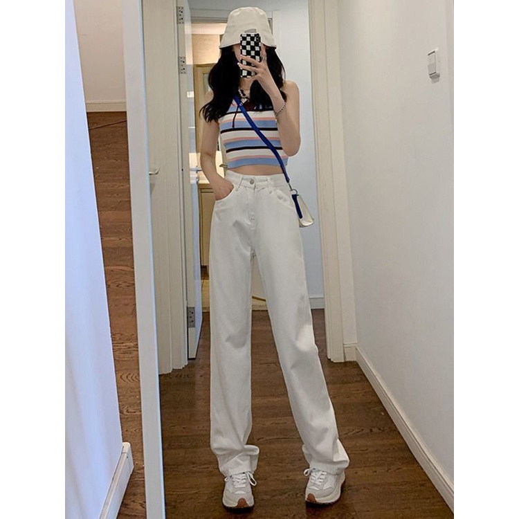 Red Putih berpinggang tinggi lebar kaki celana jeans wanita musim dingin in angin versi Korea longgar slim tabung lurus menggantungkan mengepel celana siswa