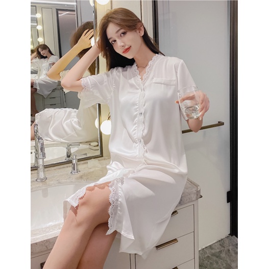 Baju Tidur Wanita Model Kemeja Dress Oversize Lengan Pendek Warna Polos