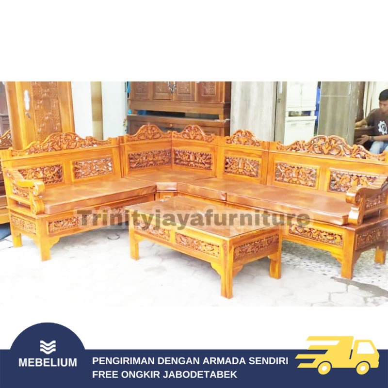 Kursi Sofa Tamu Jati Set bentuk L, plus Meja, Jok,Kaca Minimalis [Mebelium]