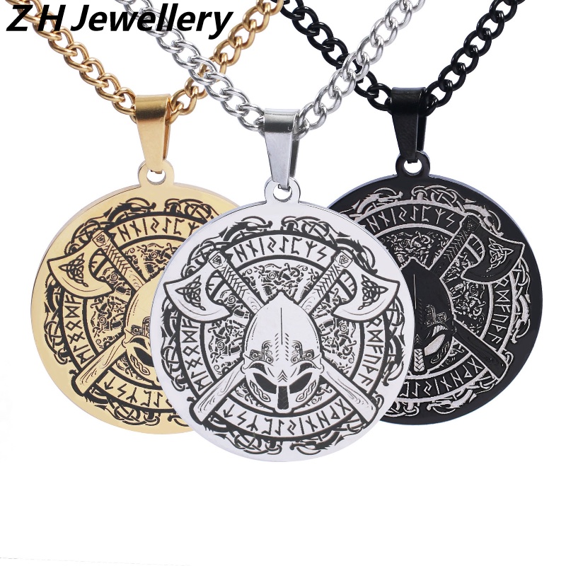 Z H Perhiasan Vintage Nordic Viking Odin Helm Tomahawk Liontin Fashion Pria Anti Karat Lun Huruf Simbol Kalung Hip Hop Baja Titanium Aksesoris Pesta