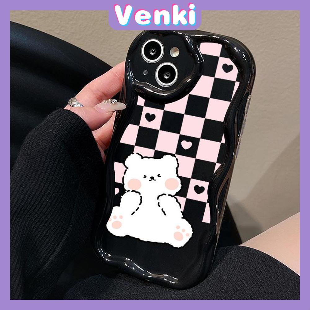 Case for iPhone 11 Pro Max TPU Soft Glossy Curved Wave Case Cute Checkerboard Cartoon Bear Camera Protection Shockproof For iPhone 14 13 12 11 Plus Pro Max 7 Plus X XR