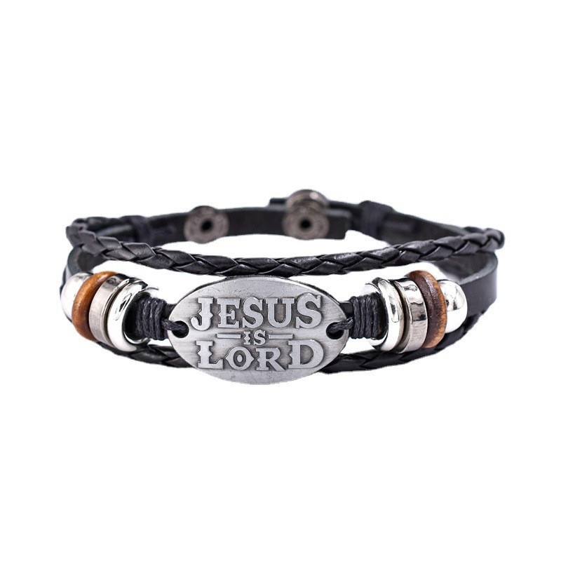 [X C Gelang] Baru Lord Jesus Gelang Kulit Hitam Vintage Hip Hop Punk Gelang Kulit Lengan Manik-Manik Multilayer Zinc Alloy Anyaman Gelang