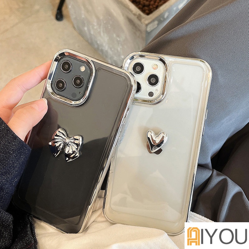 IPHONE Casing Ponsel Cinta Hati Electroplated 3D Untuk Iphone14 13 12 11 Pro Max X XR XS Electroplate Shockproof Transparan Cover