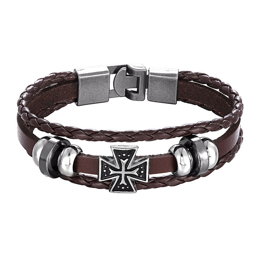 [Z H Perhiasan] Vintage Rock Cross Gelang Kulit Pria Dan Wanita Fashion Stainless Steel Multilayer Manik-Manik PU Gelang Punk Pesta Perhiasan Aksesoris