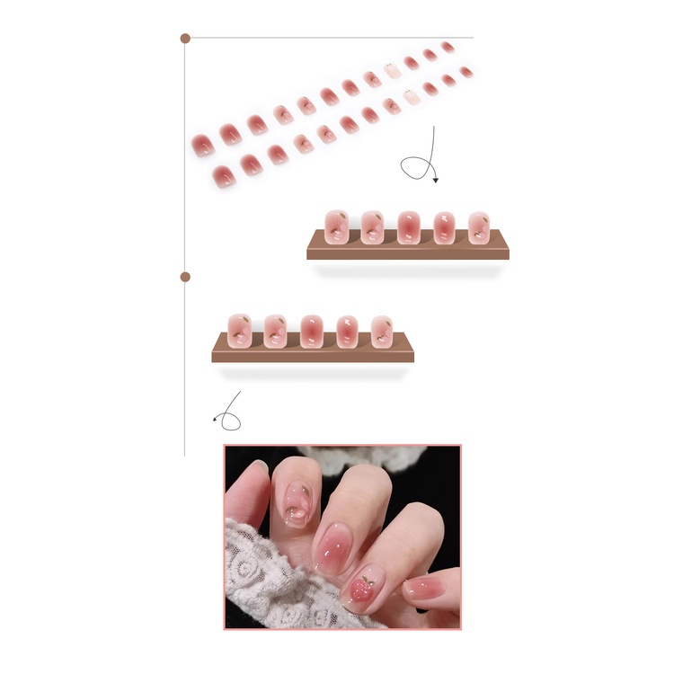 24pcs Set Kuku Palsu 3D Peach Panjang Camelia Fake Nails with Sticker