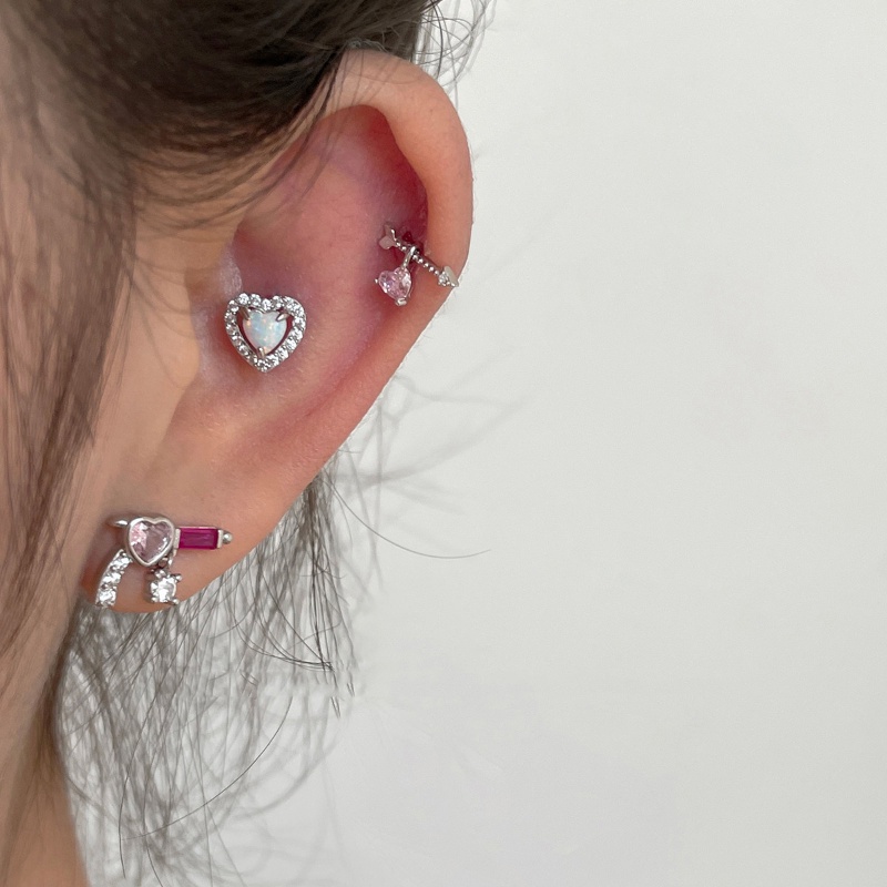 Roselife Keren Manis Berkilauan Merah Muda Kristal Jantung Stud Anting Untuk Wanita Perempuan Elegan Rose Quartz Love Piercing Screw Earring Mewah Zirkon Telinga Perhiasan Aksesoris