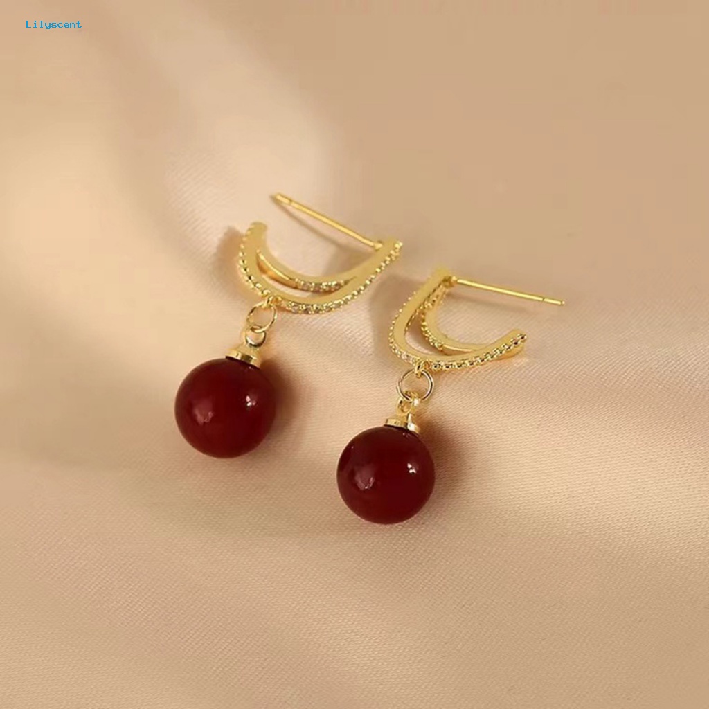 Lilyscent 1pasang Klip Telinga Anti Pudar Aksesoris Pakaian Wanita Bola Merah Drop Earrings Geometris