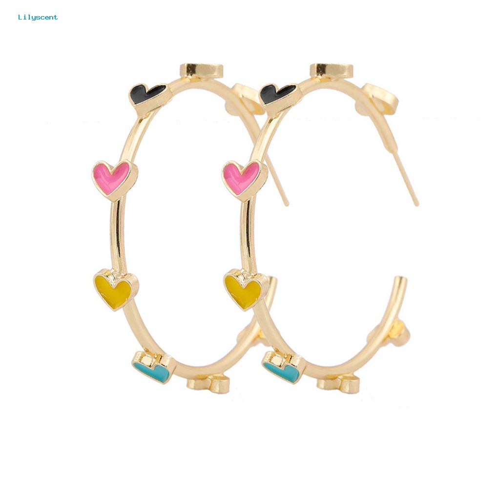 Lilyscent 1pasang Hypoallergenic Stud Earrings Aksesoris Perhiasan Berwarna Cinta Hati Hoop Earrings Geometris