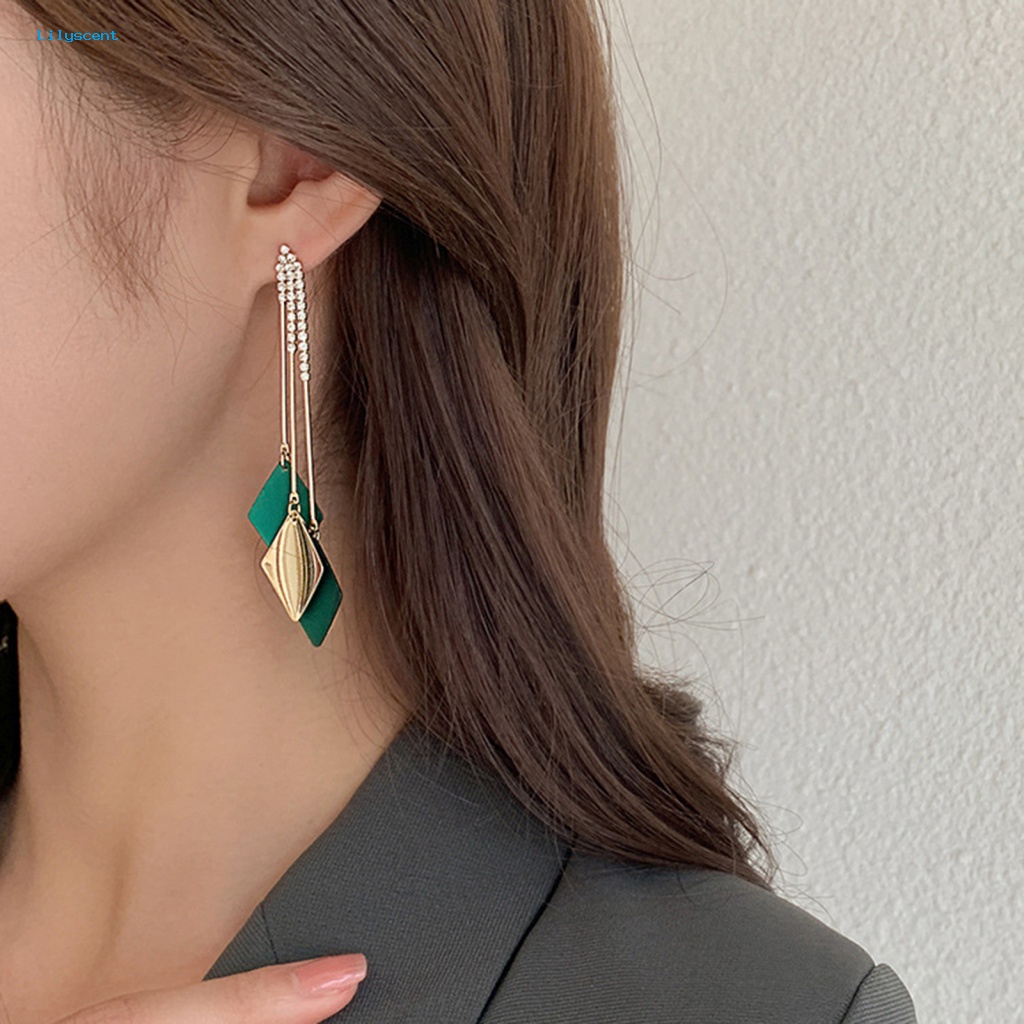 Lilyscent 1pasang All-match Anting Rumbai Aksesori Perhiasan Belah Ketupat Berlian Imitasi Ear Stud Anting Rumbai Panjang Anti-Alergi