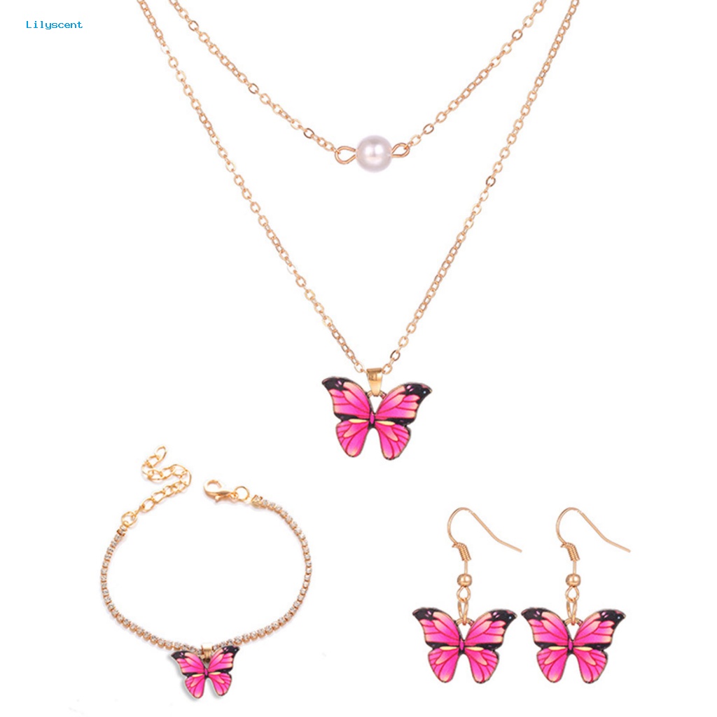 Lilyscent 3 Pcs/Set Mudah Cocok Kupu-Kupu Set Perhiasan Wanita Aksesori Kalung Menjuntai Anting Gelang Set High Gloss