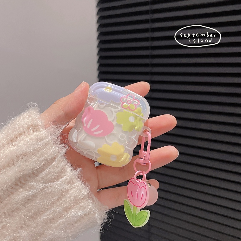 Korea Segar Bunga Pelindung Case Kompatibel Untuk Airpods1Per2Per3 Lucu Bergelombang Pinggiran Penutup Untuk AirPods Pro2 Bluetooth Earphone Case Keyring