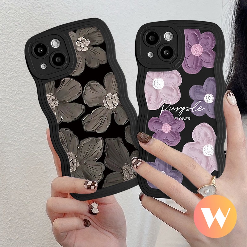 IPHONE Casing Tpu Tepi Bergelombang Bunga Segar Kompatibel Untuk Iphone11 Pro Max XR X XS Max 7Plus 14 12 13 Pro Max7 6s 14 8 6 Plus SE 2020 Art Fashion Cat Minyak Hitam Ungu Floral Soft Cover