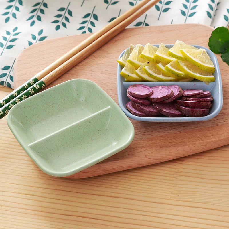 [Unggulan] Wheat Straw Double Grid Small Dish Mini Kecap Saos Dipping Dish Appetizer Tray Tempat Bumbu Dapur Peralatan Makan Piring Cemilan Peralatan Makan Bumbu Dapur Rumah Piring Snack Dish