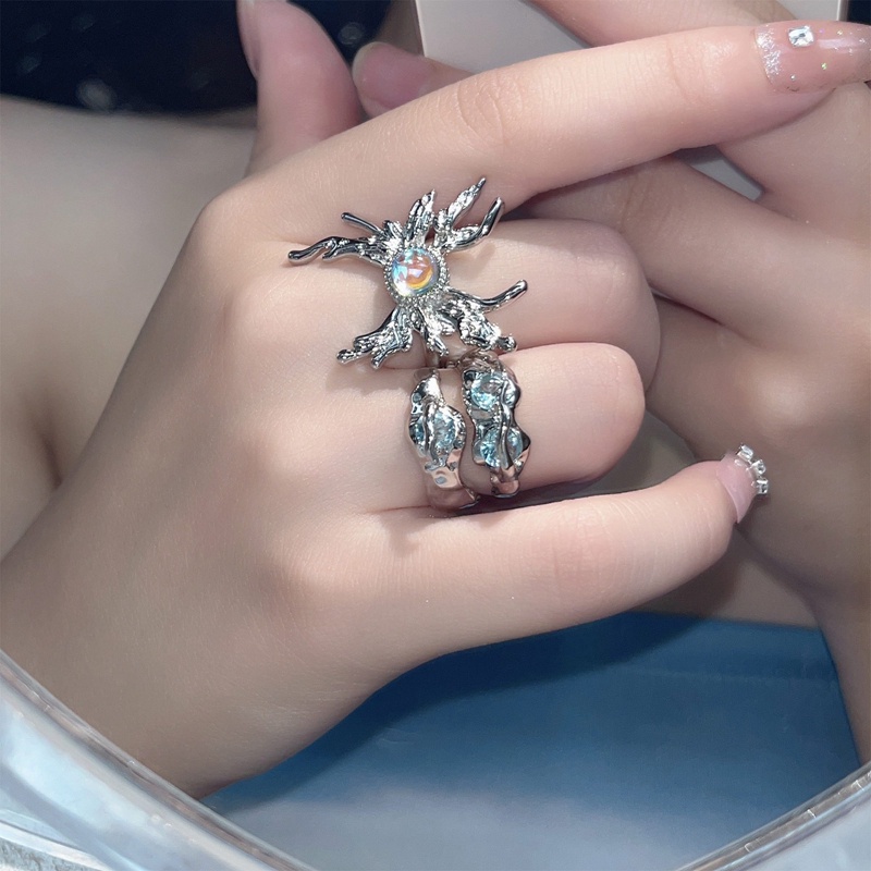 Mode Baru Manis Keren Cair Kupu-Kupu Lava Rings Wanita Hip Hop Temperamen Biru Opal Berlian Imitasi Tidak Teratur Cincin Gadis Perhiasan