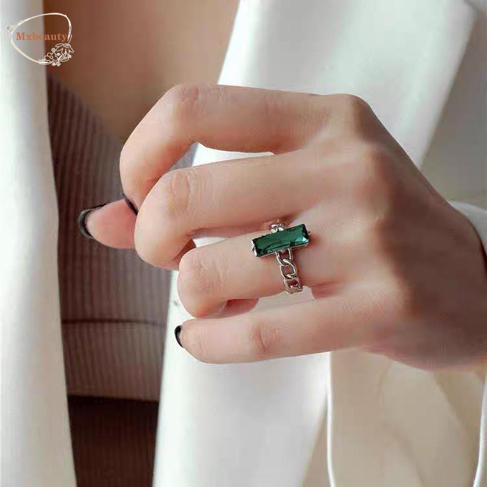 Mxbeauty Wanita Pembukaan Cincin Untuk Gadis Vintage Zirkon Hijau Geometris Rantai Silang Temperamen Buku Jari Rings