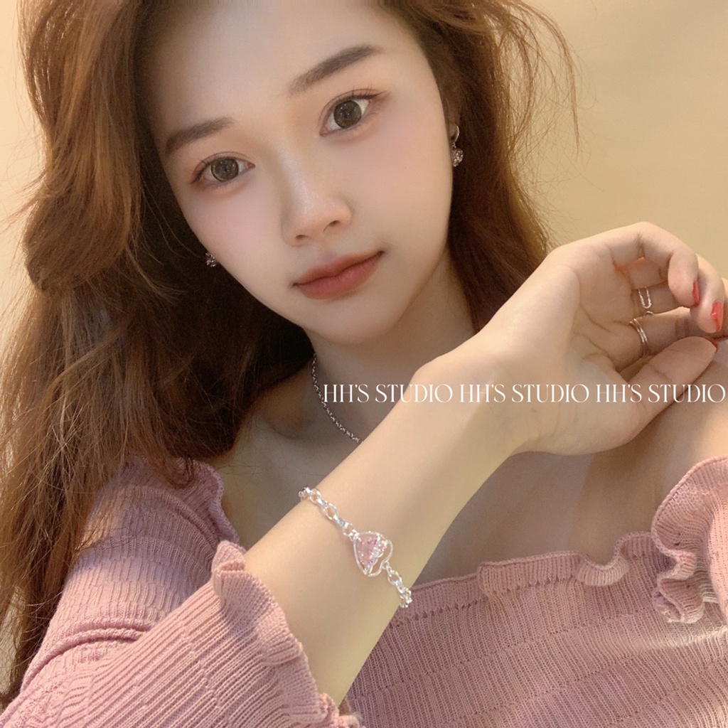 Sweet Pink Zircon Bracelet Heart Gelang Rantai Silver Untuk Aksesoris Perhiasan Wanita