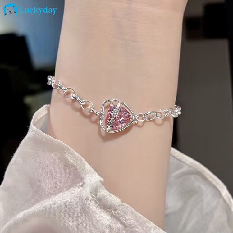 Yeezii Gelang Zircon Merah Muda Hati Manis Gelang Rantai Silver Untuk Aksesoris Perhiasan Wanita