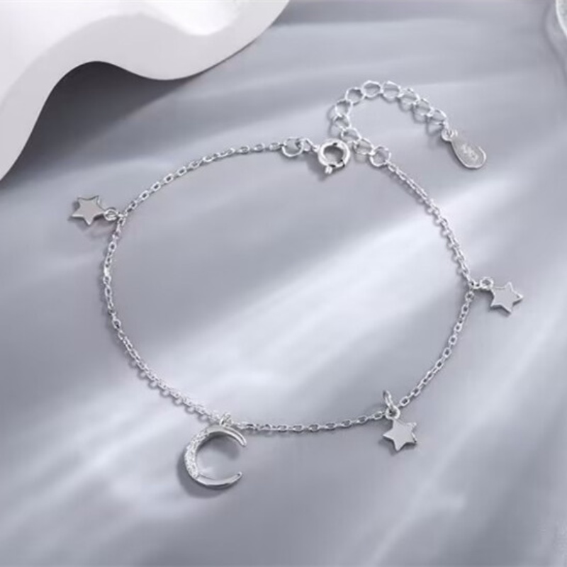 Kami Bunga Ins Trendi s925 Perak Zirkon Bintang Bulan Gelang Untuk Wanita Perempuan Korea Elegan Rumbai Langit Berbintang Gelang Musim Panas Pergelangan Tangan Rantai Perhiasan