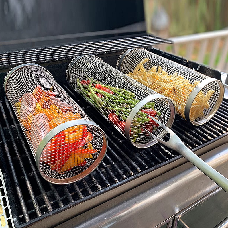 Keranjang Rak Barbekyu Stainless Steel Outdoor Camping/Travel Keluarga Anti Bocor Masak Panggangan Parutan Rotary Grill Basket