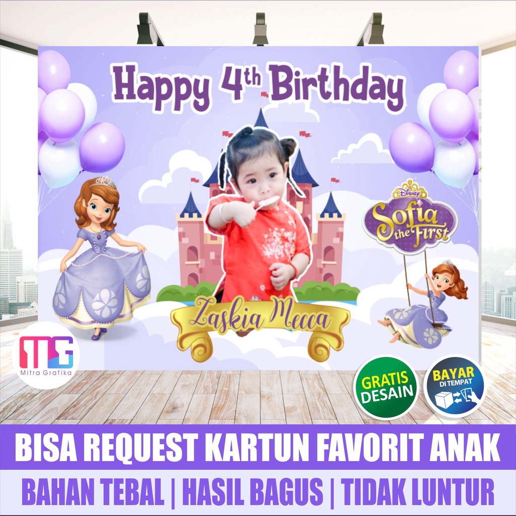Cetak Spanduk ultah anak tema princes sofia  / banner ulang tahun anak perempuan  /backdrop perlengk