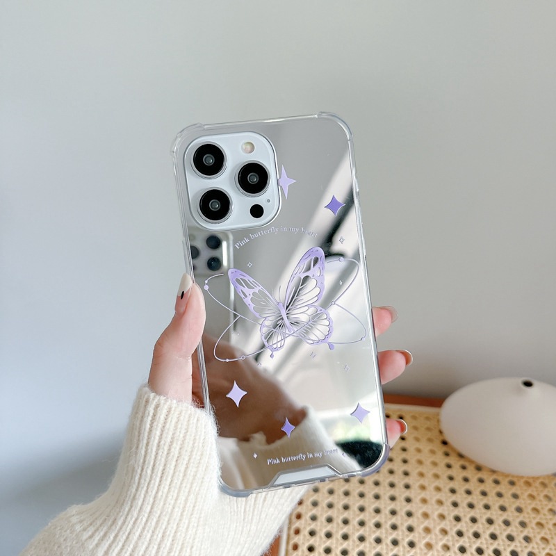 【Anti Fall Mirror】Pretty Silver Makeup Silicone Soft Case Iphone 6S 7 8 Plus X XR XS Max IPhone 11 12 13 14 Pro Max 14 Plus 7+ 8+ 12 13 mini for Women Girl Ins Purple butterfly