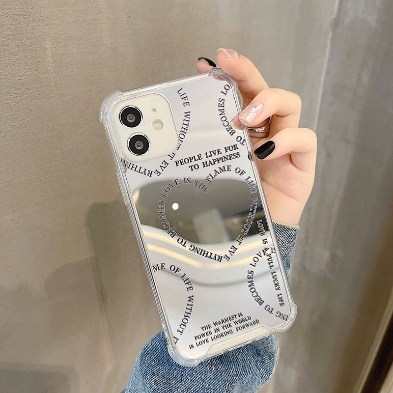 【Anti Fall Mirror】Pretty Silver Makeup Silicone Soft Case Iphone 6S 7 8 Plus X XR XS Max IPhone 11 12 13 14 Pro Max 14 Plus 7+ 8+ 12 13 mini for Women Girl Ins English Love