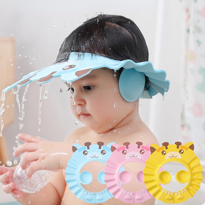 Kartun Hewan Pemodelan Tahan Air Topi Mandi Bayi/3Warna Tahan Lama Dapat Disesuaikan Sampo Perlindungan Telinga Topi Mandi Anak