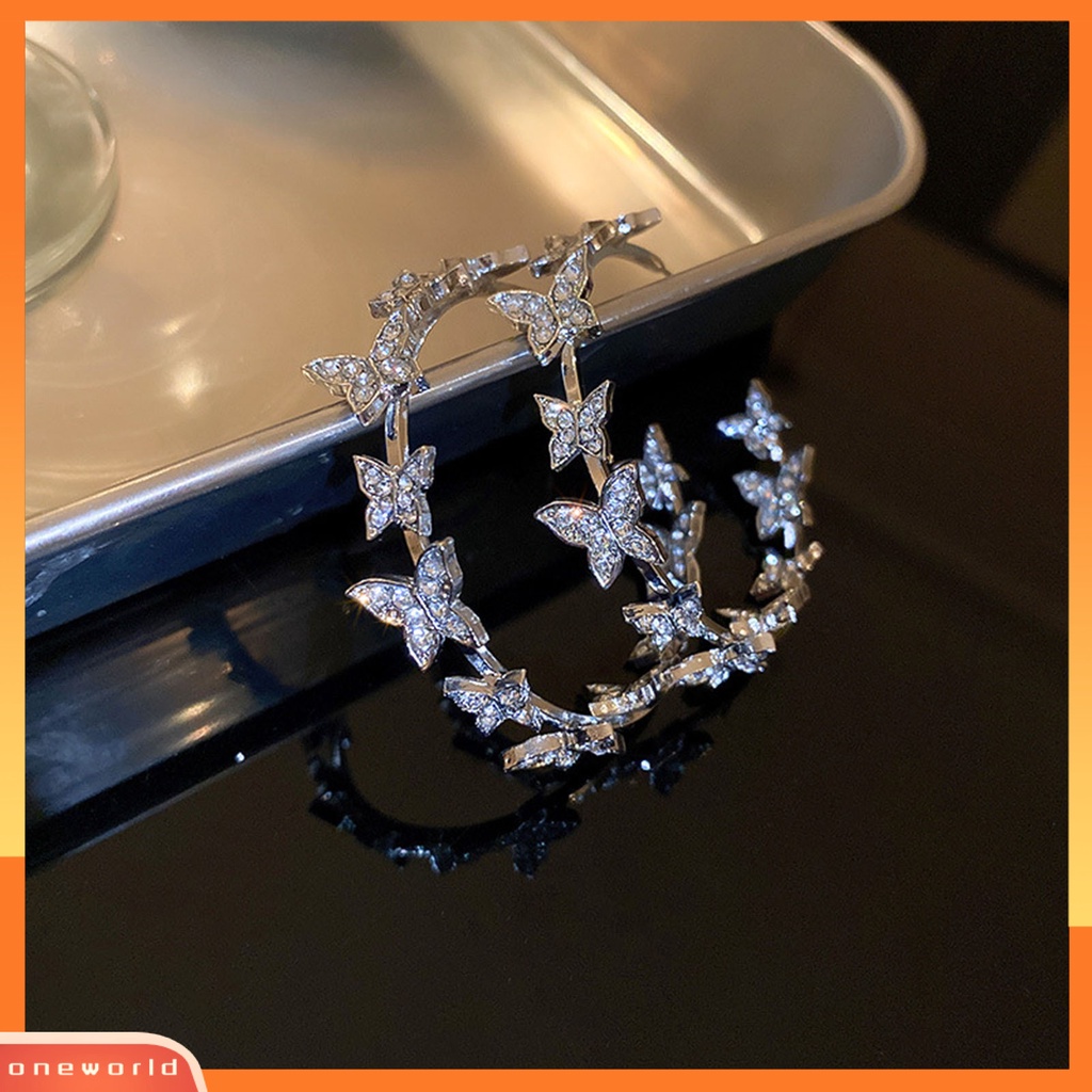 [ONE] 1pasang Liontin Anting Bulat Lingkaran Geometris Kupu-Kupu Dekorasi Berlian Imitasi Mengkilap Huggie Hoop Earrings Perhiasan Aksesoris