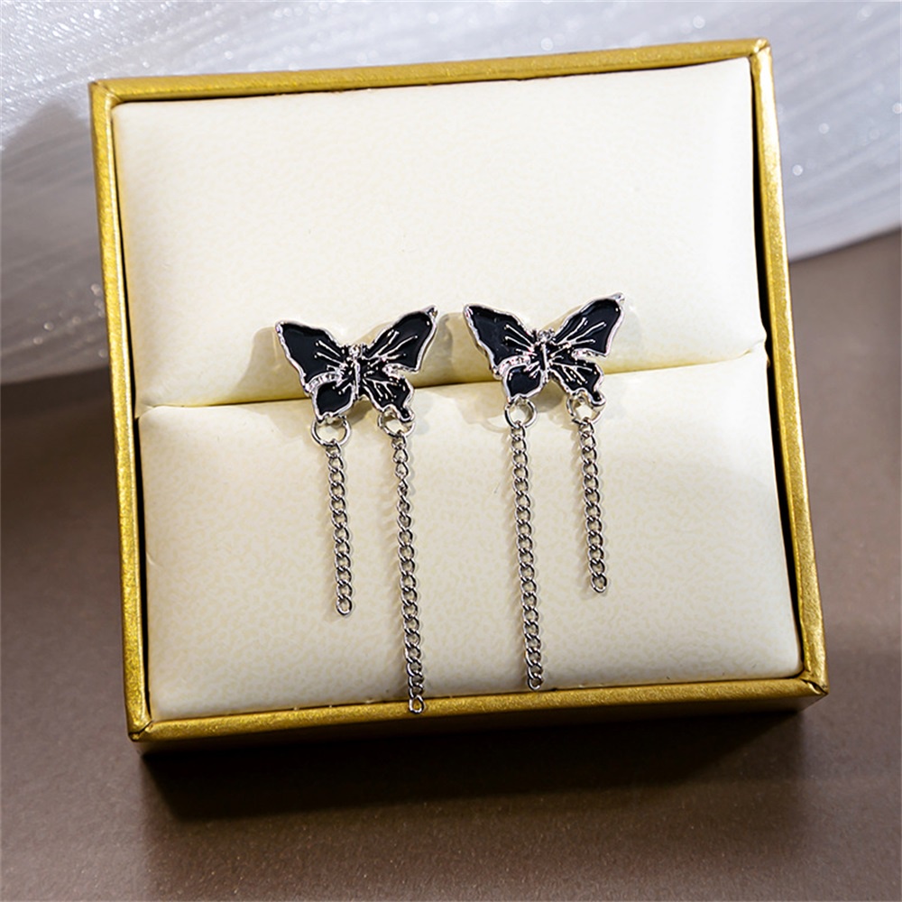 Ins Hitam Kupu-Kupu Rumbai Anting Gadis Keren Vintage Unik Studs Earring Perhiasan Aksesoris