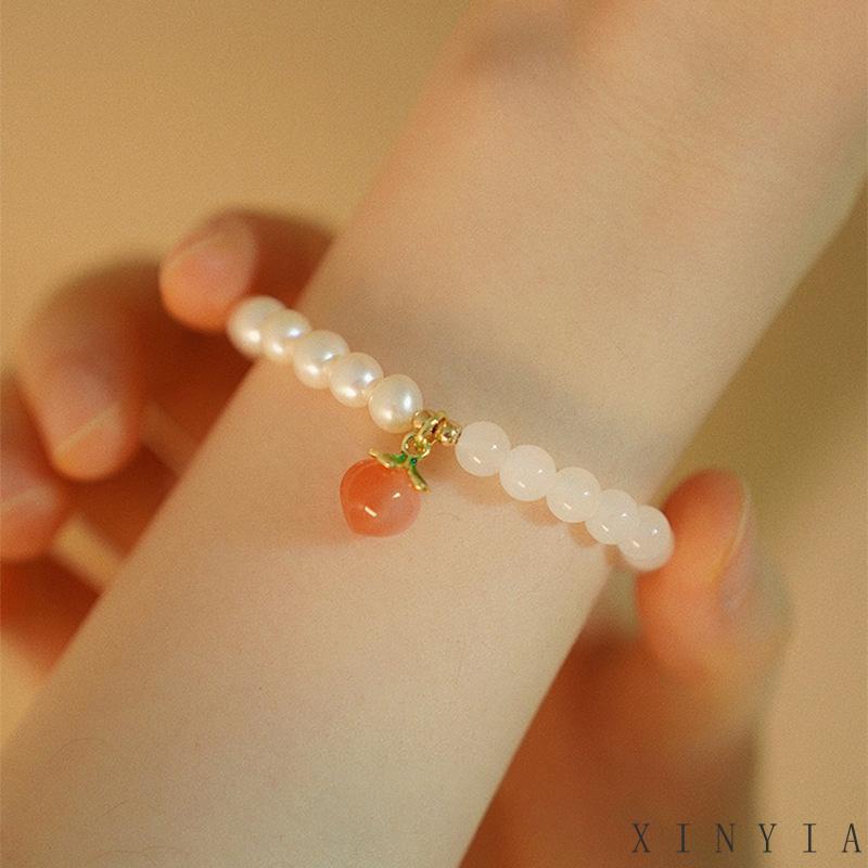 【Bayar di tempat】Kepribadian Sederhana Desain Lembut Mutiara Splicing Peach Gelang Batu Akik Dua Lapis Gelang