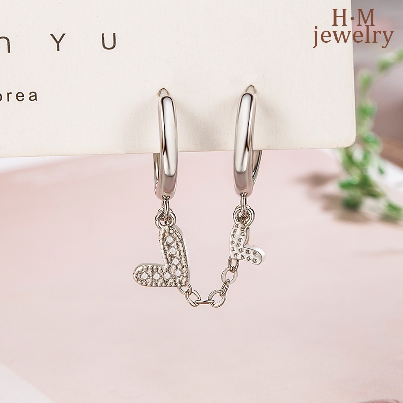 S925 Perak Baru Berlian Imitasi Ganda Tindik Telinga Rumbai XINGX Cinta Anting Hati