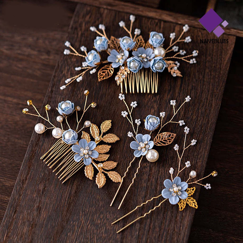 &lt; Naiveblues &gt; 4Pcs Set Pin Rambut Menawan Paduan Indah Mutiara Kristal Daun Pengantin Rambut Klip Untuk