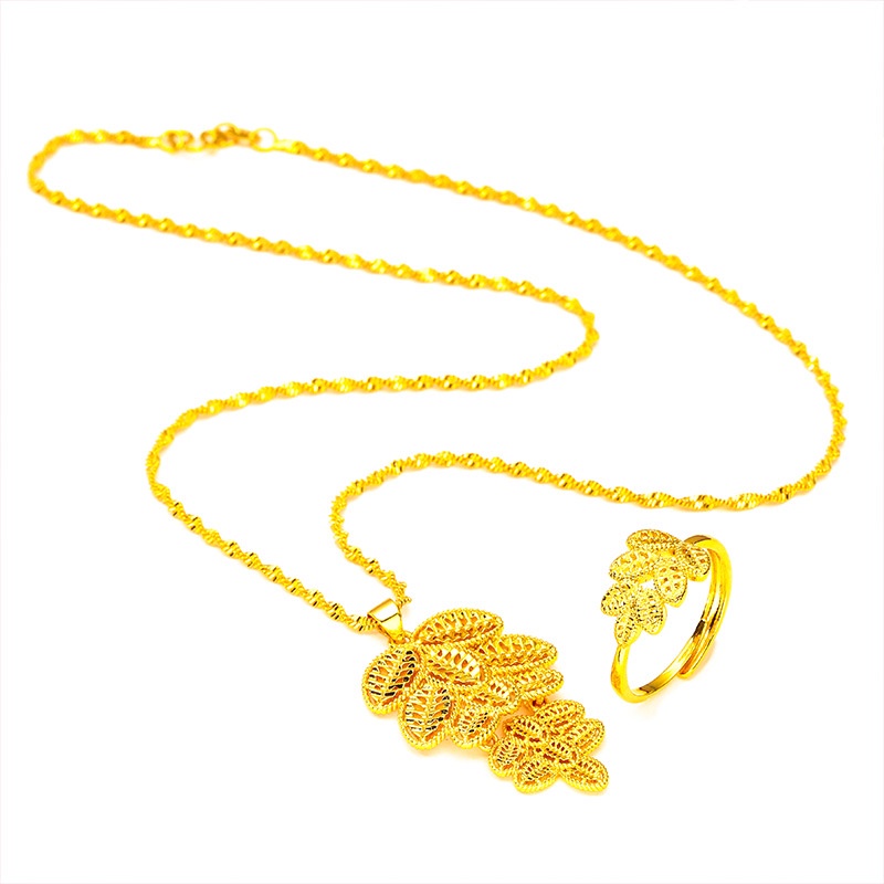 Goldkingdom Perhiasan Fashion 24K Bangkok Aksesoris Ready Stock Wanita Daun Cincin Liontin Kalung Set