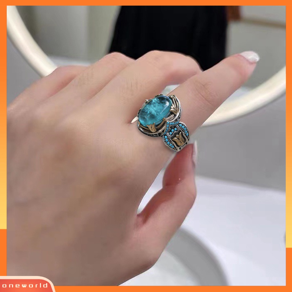 [EONE] Pria Cincin Gaya Eropa Dan Amerika Kepribadian Tangan Ukiran Vintage Hias Batu Biru Pernikahan Cincin Perhiasan Aksesori