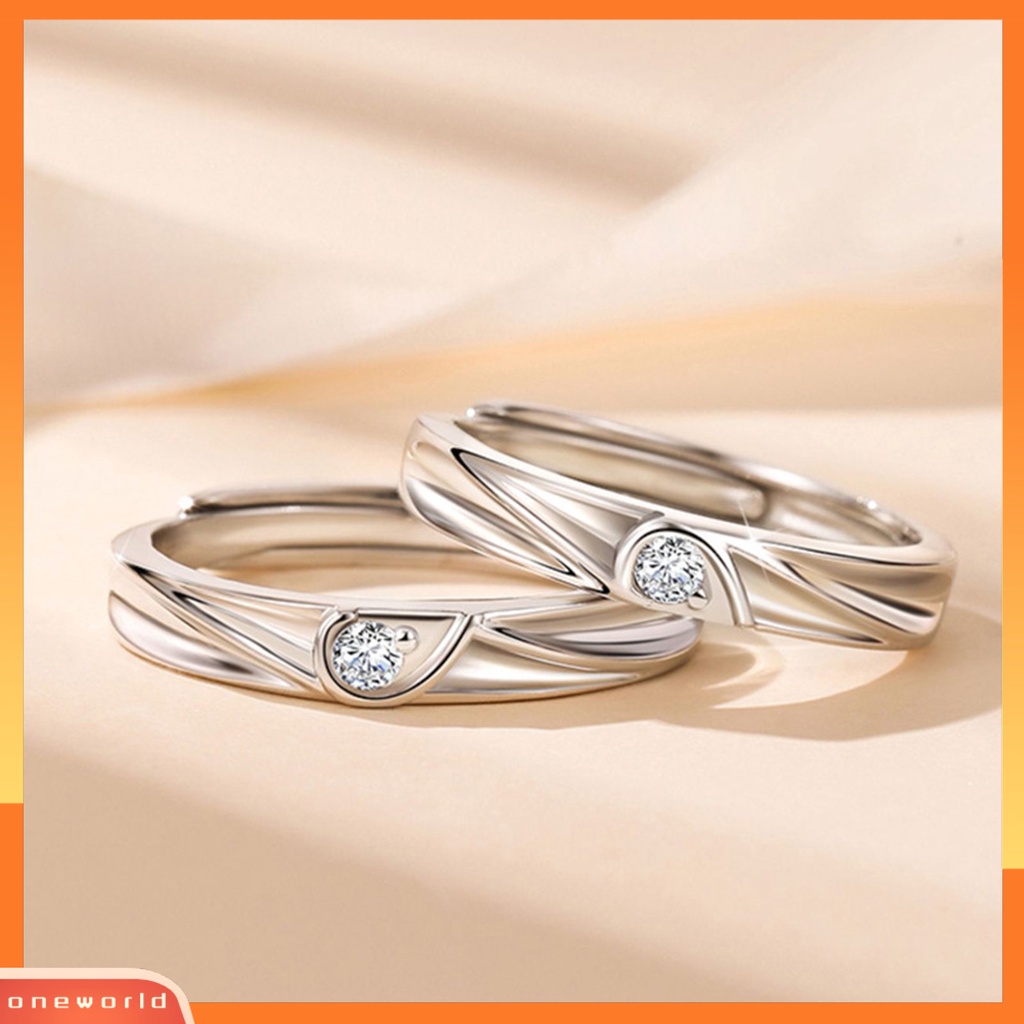 [EONE] Pasangan Cincin Pembukaan Elegan Adjustable Warna Perak Berlian Imitasi Tertanam Cinta Hati Jari Cincin Perhiasan Fashion