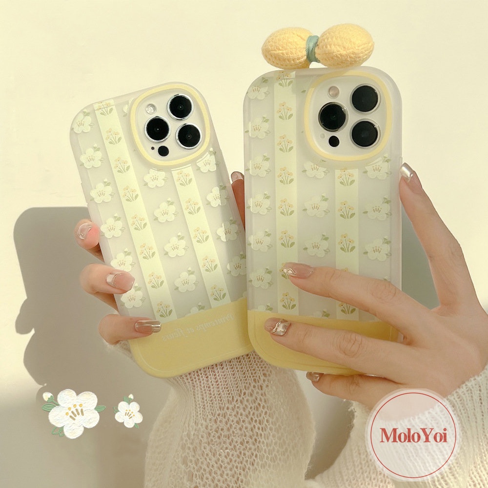 Ins Fashion Retro Bunga Kuning Case Kompatibel Untuk IPhone 11 Pro Max11 14 13 12 Pro Max 7Plus XR X7 8 6 6s Plus XS Max SE 2020 3D Bow-knot Hias Telepon Lembut Tpu Cover