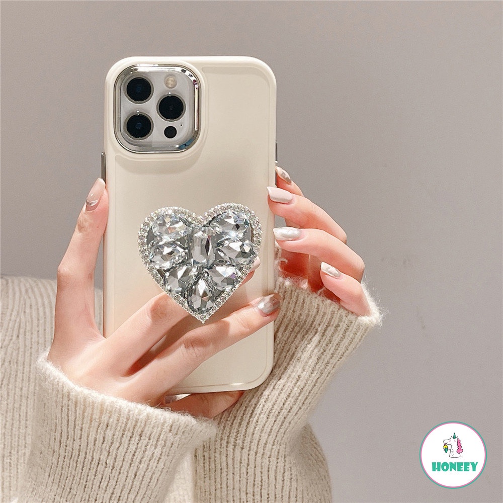 IPHONE Mewah Kristal Berlian Cinta Hati Cermin Ring Holder Stand Soft Phone Case Untuk Iphone11 13 Pro Max14 12 Pro 11 Cover