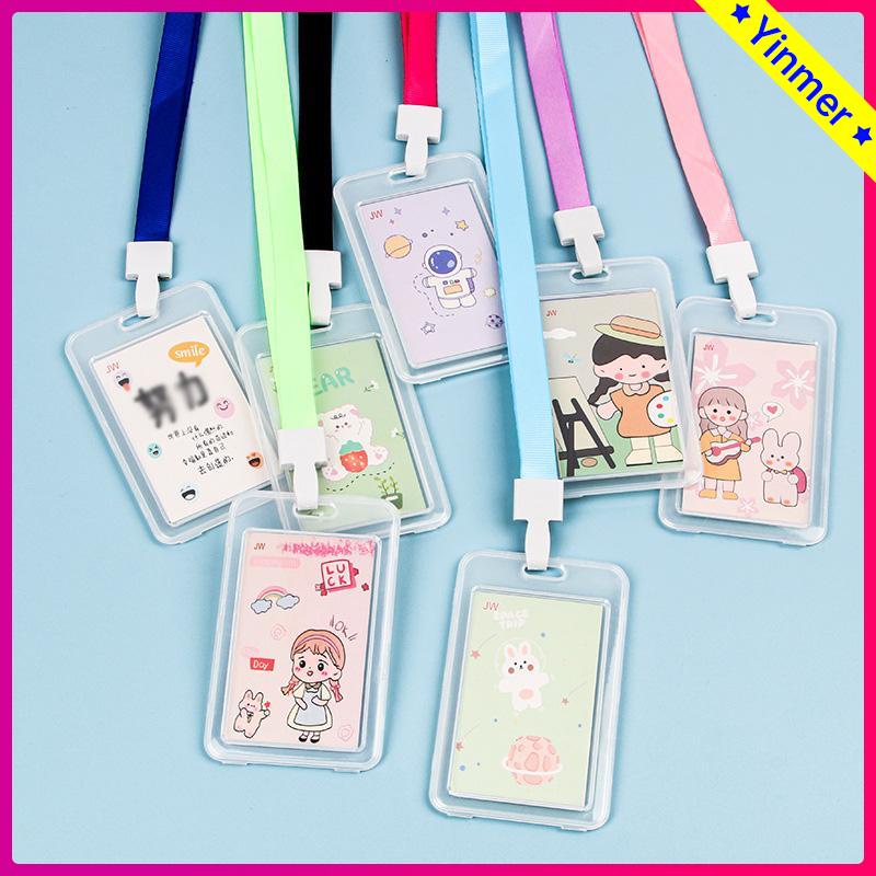 COD✨Gantungan Tali Warna-warni Kartun Lucu Akses Kantor Mrt Busway Lanyard Card Holder Motif Kucing Tahan Air Transparan Tali Pengikat-Yinmer