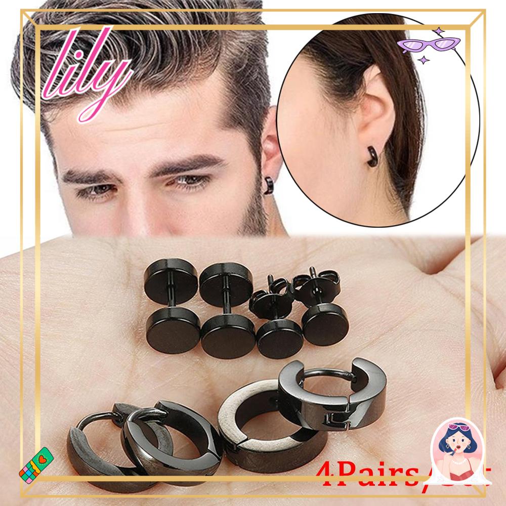 Lily 4pasang/Set Piercing Ear Studs Fashion Gothic Barbell Bar Surgical Steel Cartilage Helix Menjuntai Drop Stud