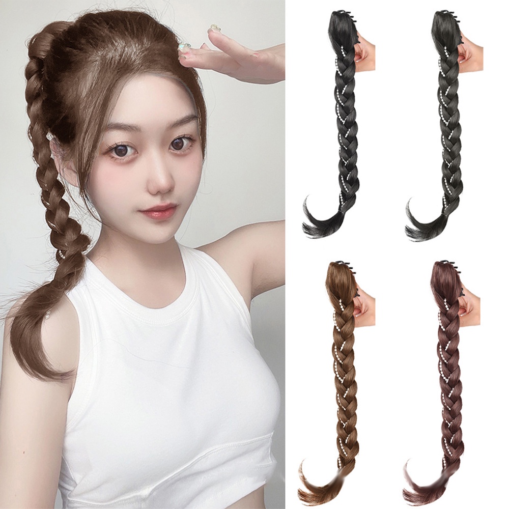 Gelembung Alami Tinju Ponytail Mutiara Kepang Wig Gadis Pedas Tulang Ikan Twist Rambut Ekstensi 50CM