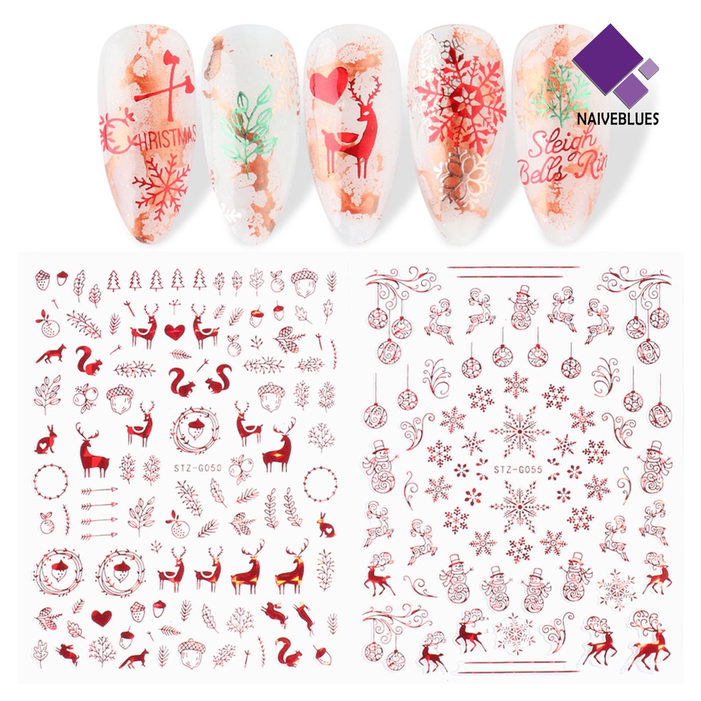 [naiveblues] Stiker Nail Art Elk Snowflake Snowman Desain DIY Dekorasi Perekat Kuku Natal Untuk