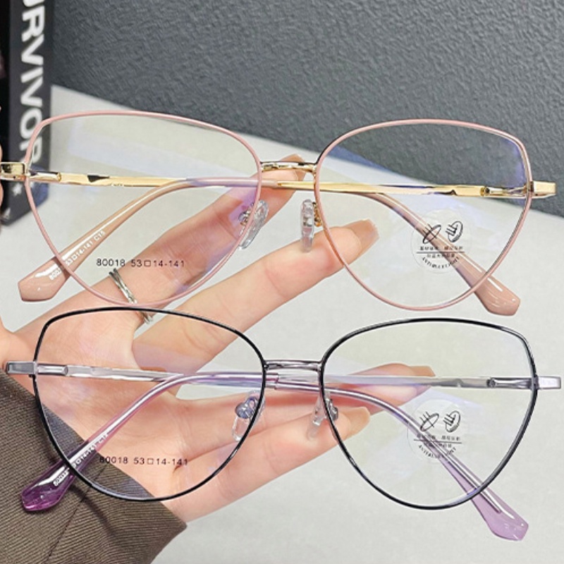 (YUZHU) Kacamata Mata Kucing Segitiga Logam Mode Baru Untuk Wanita Korea Fashion Ungu Anti Biru Cahaya Eyeglasses