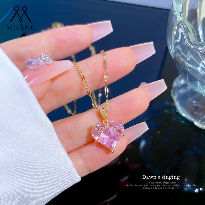 Kalung Hati Kristal Pink Korea Zirkon Merah Muda Liontin Cinta Kalung Colorfast Titanium Necklace