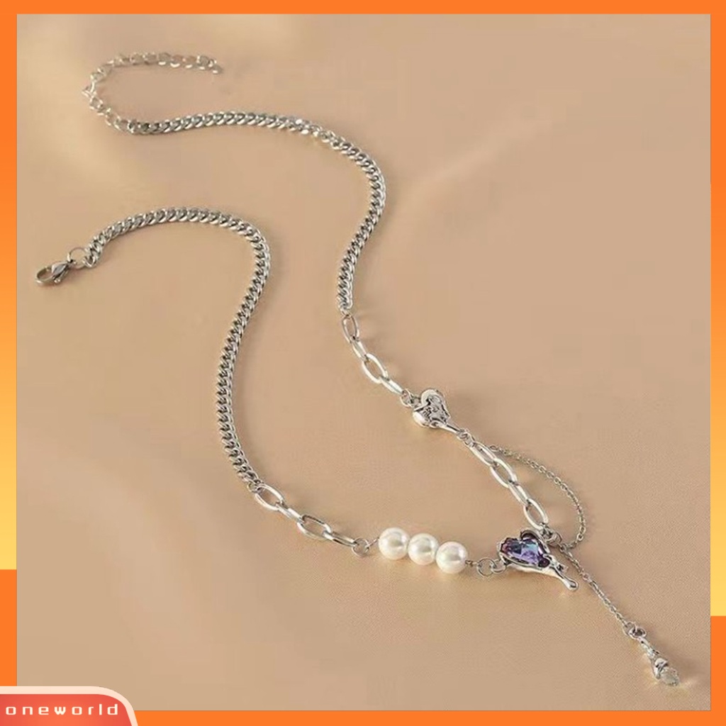 [EONE] Charm Kalung Rumbai Rantai Gaya Senada Electroplating Faux Pearl Personality Neck Decoration Charming Accessories Love Heart Faux Crystal Pendant Necklace Untuk Kehidupan Sehari-Hari